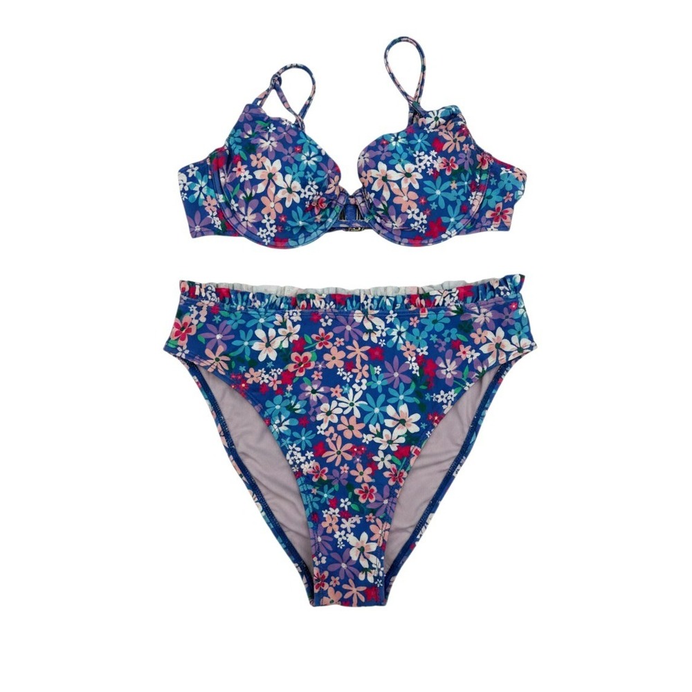 Cupshe Two Piece‎ Floral Ruffle Underwire Bikini in Blue Floral Medium NWT